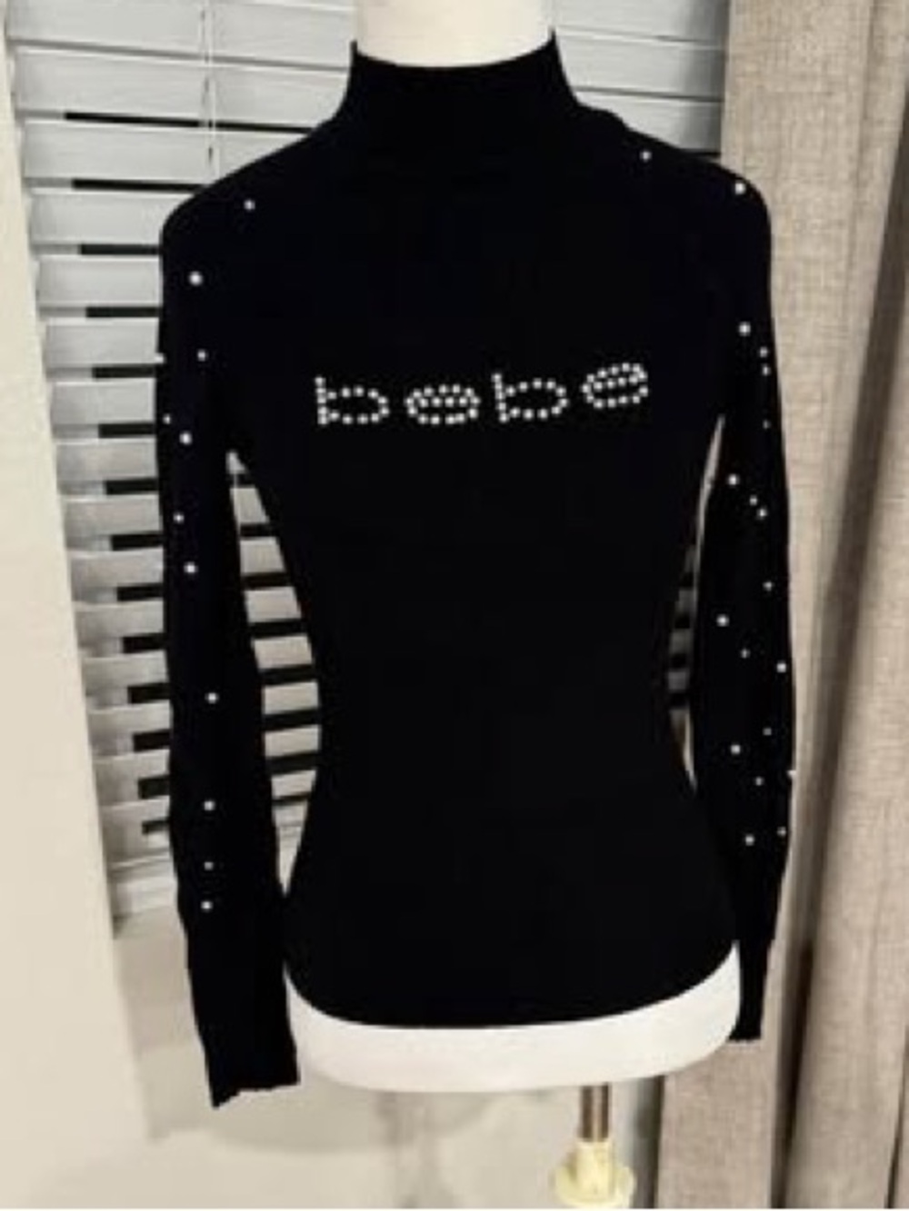 Bebe long sleeve black rhinestones/pearls size MEDIUM Logo Mock Neck Top